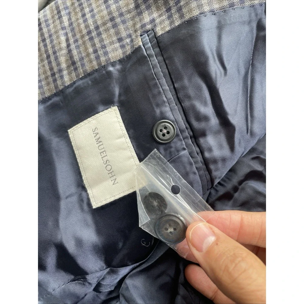 Samuelsohn Yardley 40S Wool Multi Blue Check Blazer Pockets sown shut
